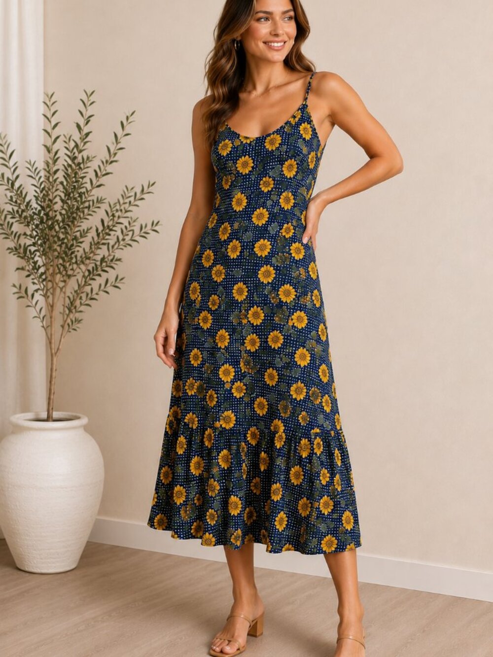 Tickets Clothing Women's Slip Dress 7/8 Sunflower Gingham 90s Vintage Cotton